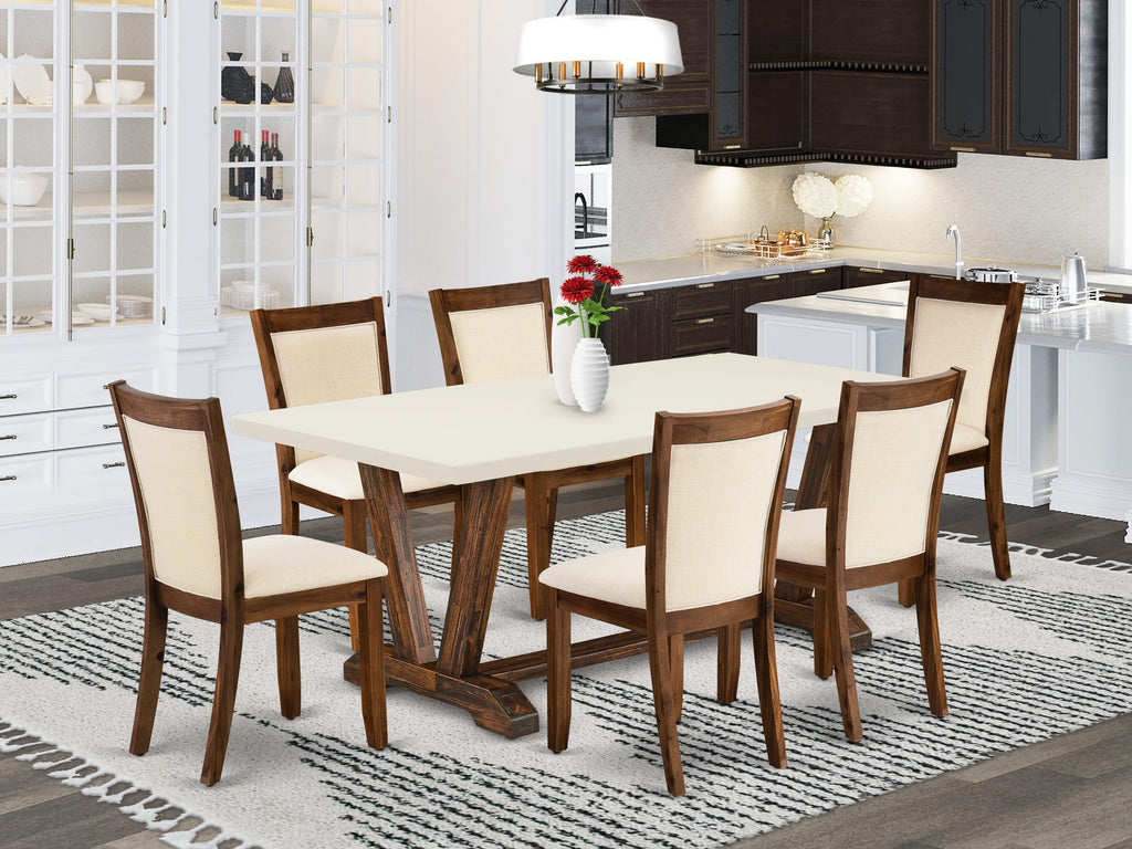 East West Furniture V727MZN32-7 7 Piece Dining Table Set Consist of a Rectangle Kitchen Table with V-Legs and 6 Light Beige Linen Fabric Parson Dining Chairs, 40x72 Inch, Multi-Color