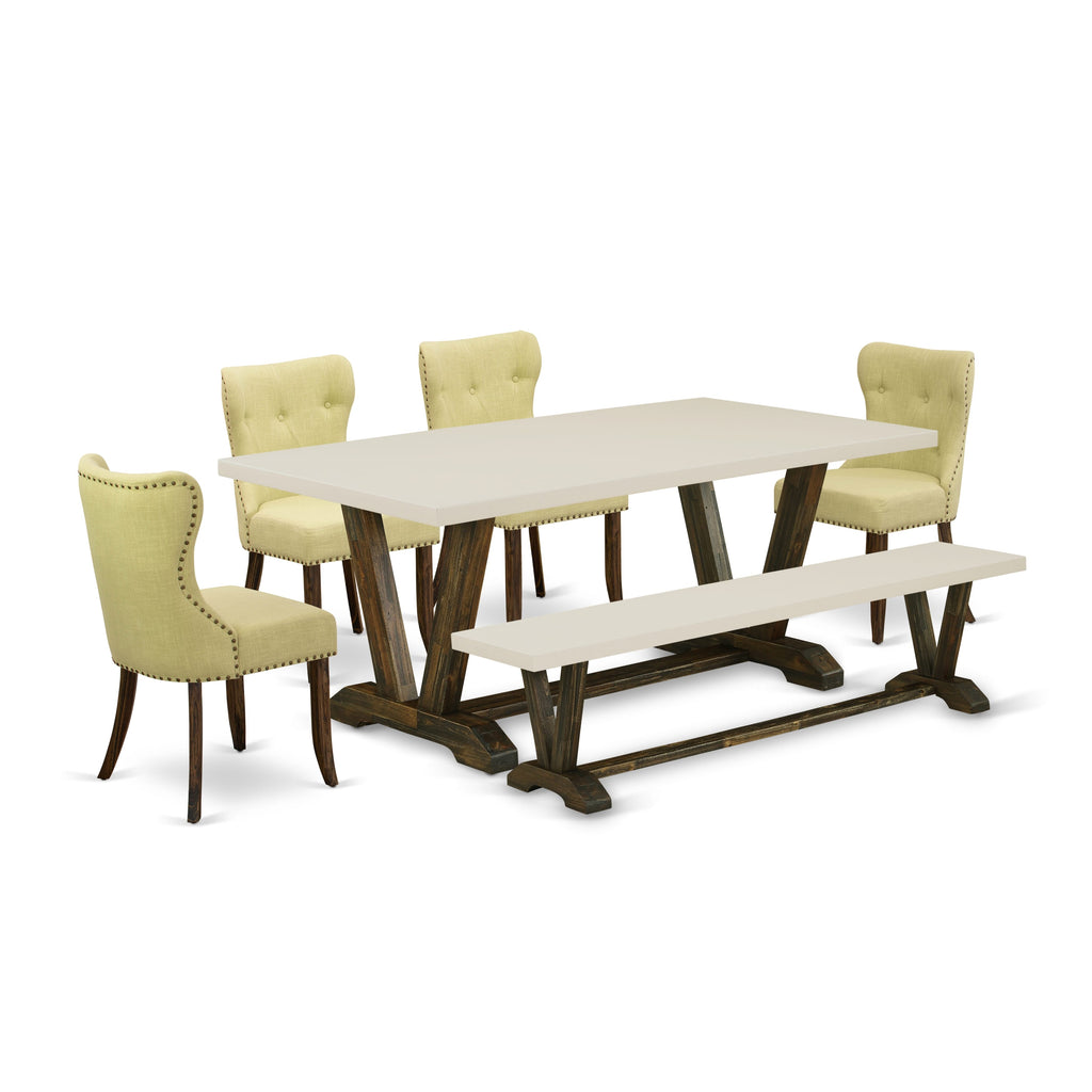 East West Furniture V727SI737-6 6 Piece Kitchen Table Set Contains a Rectangle Dining Table with V-Legs and 4 Limelight Linen Fabric Parson Chairs with a Bench, 40x72 Inch, Multi-Color
