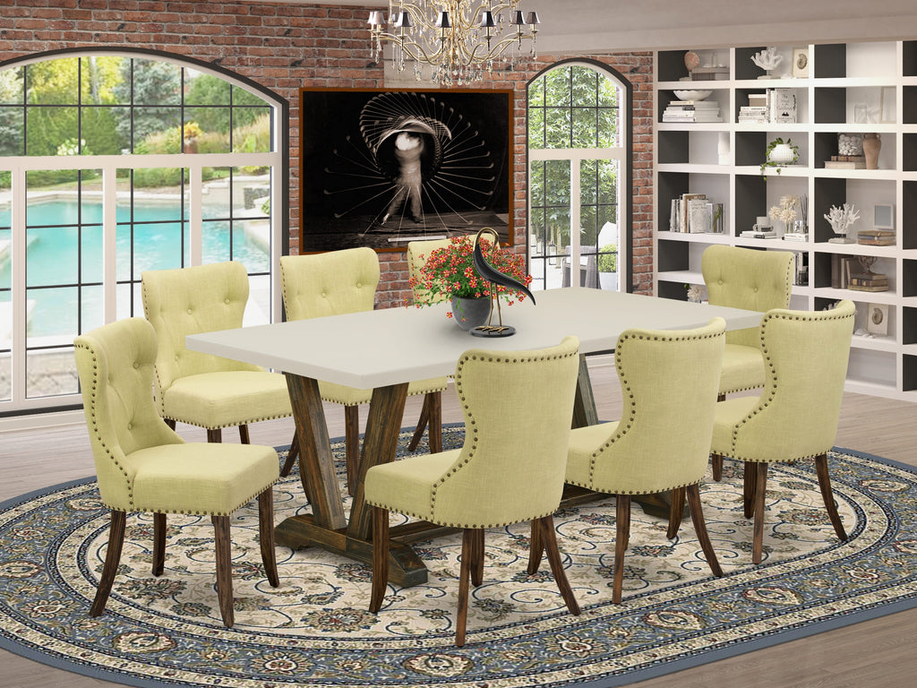 East West Furniture V727SI737-9 9 Piece Dining Room Set Includes a Rectangle Kitchen Table with V-Legs and 8 Limelight Linen Fabric Parson Dining Chairs, 40x72 Inch, Multi-Color