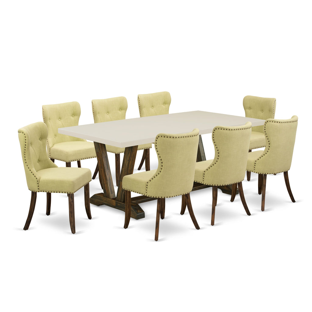 East West Furniture V727SI737-9 9 Piece Dining Room Set Includes a Rectangle Kitchen Table with V-Legs and 8 Limelight Linen Fabric Parson Dining Chairs, 40x72 Inch, Multi-Color