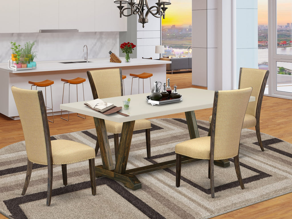 East West Furniture V727VE703-5 5 Piece Dining Room Table Set Includes a Rectangle Dining Table with V-Legs and 4 Brown Linen Fabric Upholstered Parson Chairs, 40x72 Inch, Multi-Color