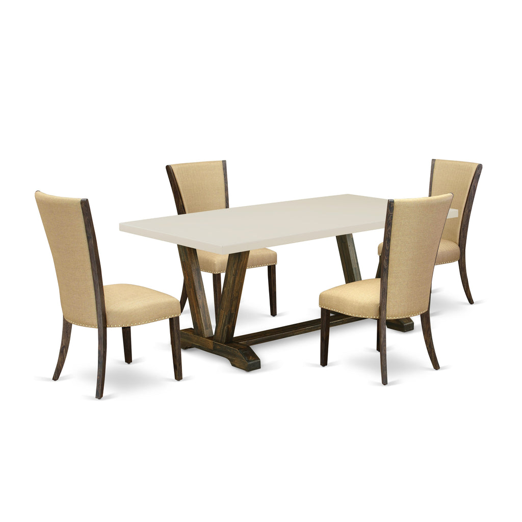 East West Furniture V727VE703-5 5 Piece Dining Room Table Set Includes a Rectangle Dining Table with V-Legs and 4 Brown Linen Fabric Upholstered Parson Chairs, 40x72 Inch, Multi-Color