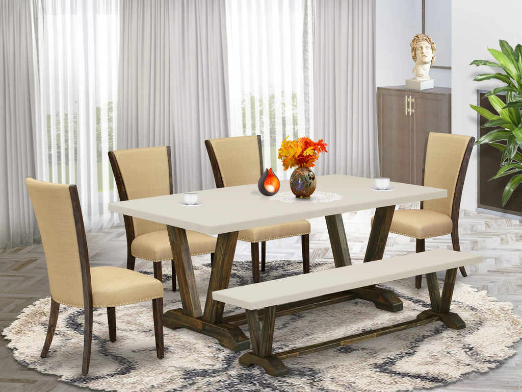 East West Furniture V727VE703-6 6 Piece Dining Room Table Set Contains a Rectangle Kitchen Table with V-Legs and 4 Brown Linen Fabric Parson Chairs with a Bench, 40x72 Inch, Multi-Color