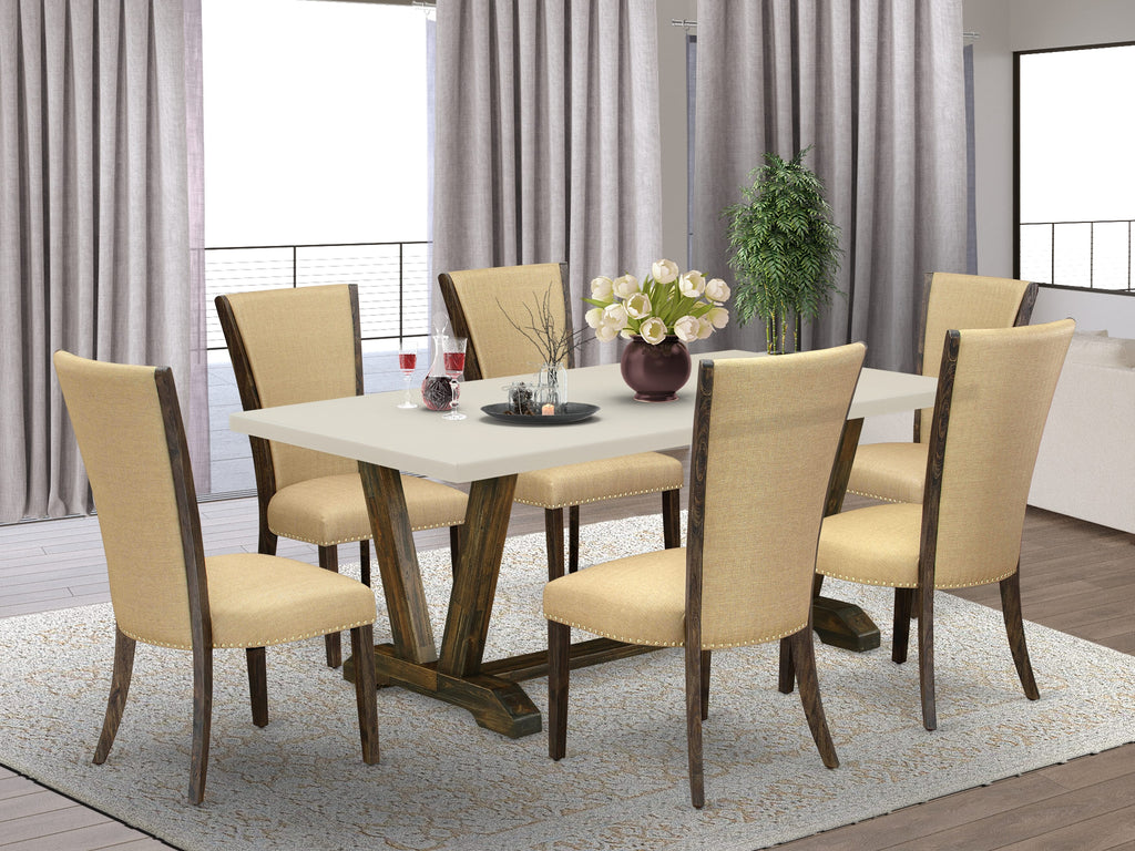 East West Furniture V727VE703-7 7 Piece Dining Table Set Consist of a Rectangle Dining Room Table with V-Legs and 6 Brown Linen Fabric Upholstered Chairs, 40x72 Inch, Multi-Color