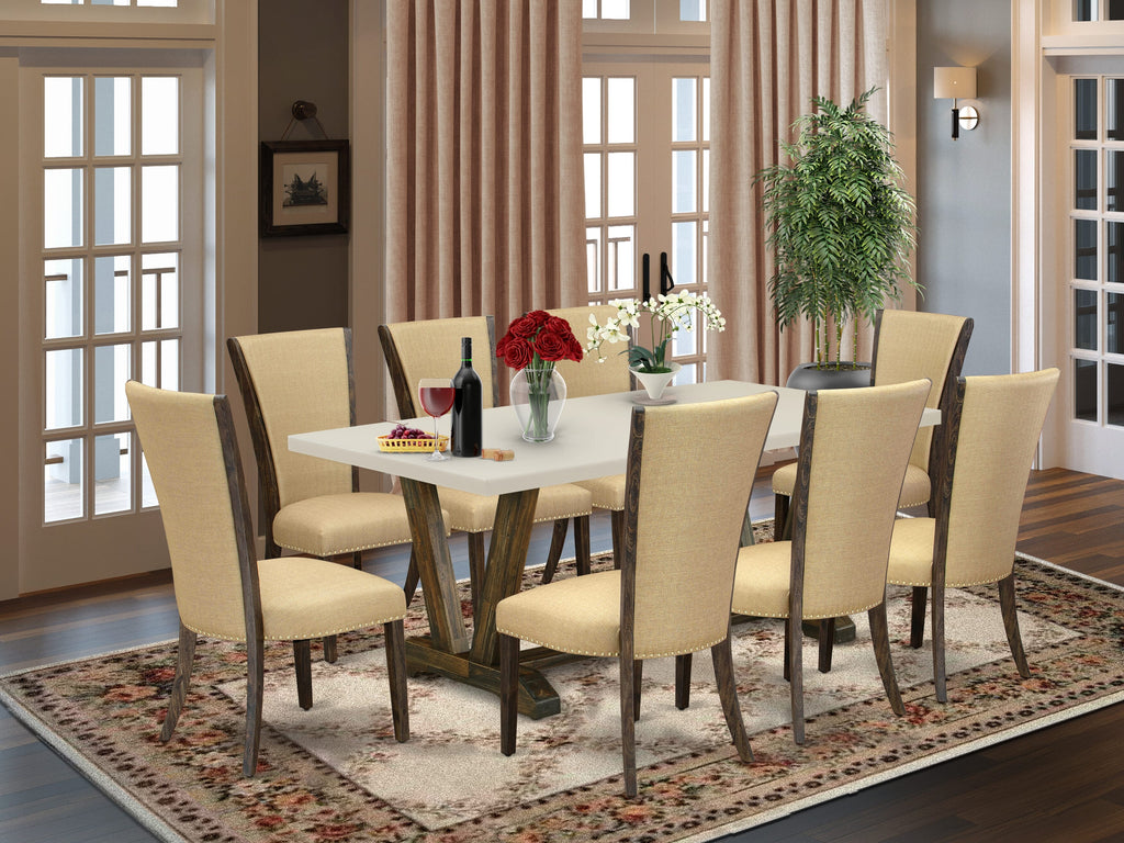 East West Furniture V727VE703-9 9 Piece Kitchen Table Set Includes a Rectangle Dining Table with V-Legs and 8 Brown Linen Fabric Parson Dining Room Chairs, 40x72 Inch, Multi-Color