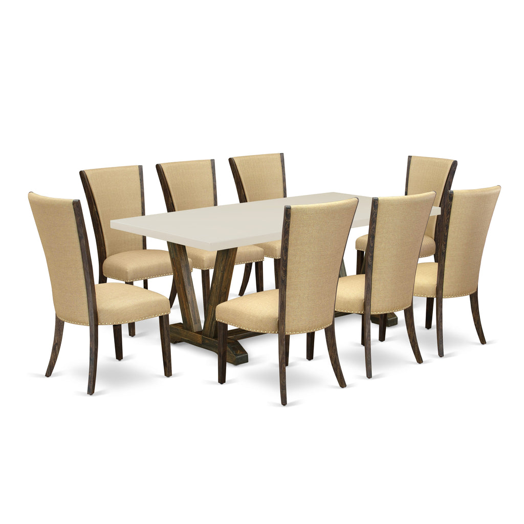 East West Furniture V727VE703-9 9 Piece Kitchen Table Set Includes a Rectangle Dining Table with V-Legs and 8 Brown Linen Fabric Parson Dining Room Chairs, 40x72 Inch, Multi-Color