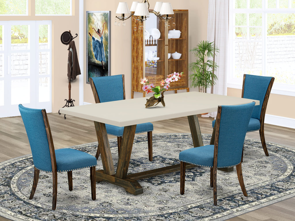 East West Furniture V727VE721-5 5 Piece Modern Dining Table Set Includes a Rectangle Wooden Table with V-Legs and 4 Blue Color Linen Fabric Upholstered Chairs, 40x72 Inch, Multi-Color
