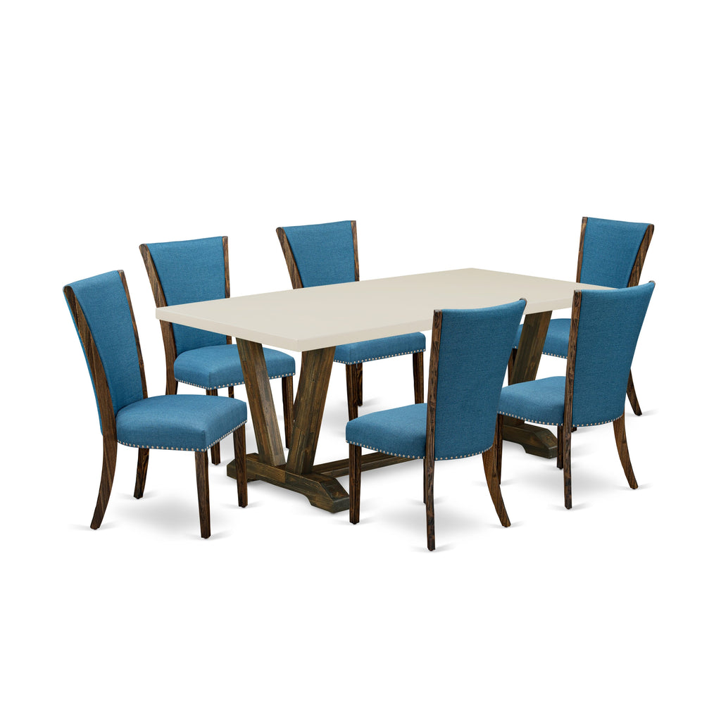 East West Furniture V727VE721-7 7 Piece Dining Room Table Set Consist of a Rectangle Kitchen Table with V-Legs and 6 Blue Color Linen Fabric Parson Dining Chairs, 40x72 Inch, Multi-Color