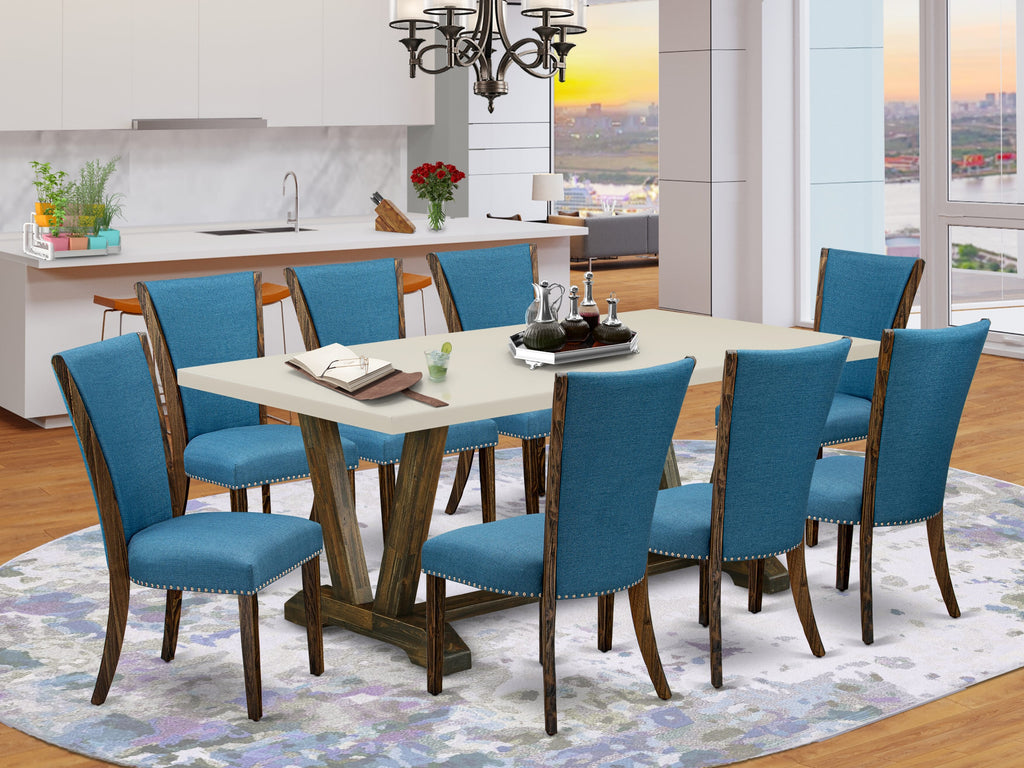 East West Furniture V727VE721-9 9 Piece Dining Set Includes a Rectangle Dining Room Table with V-Legs and 8 Blue Color Linen Fabric Upholstered Parson Chairs, 40x72 Inch, Multi-Color