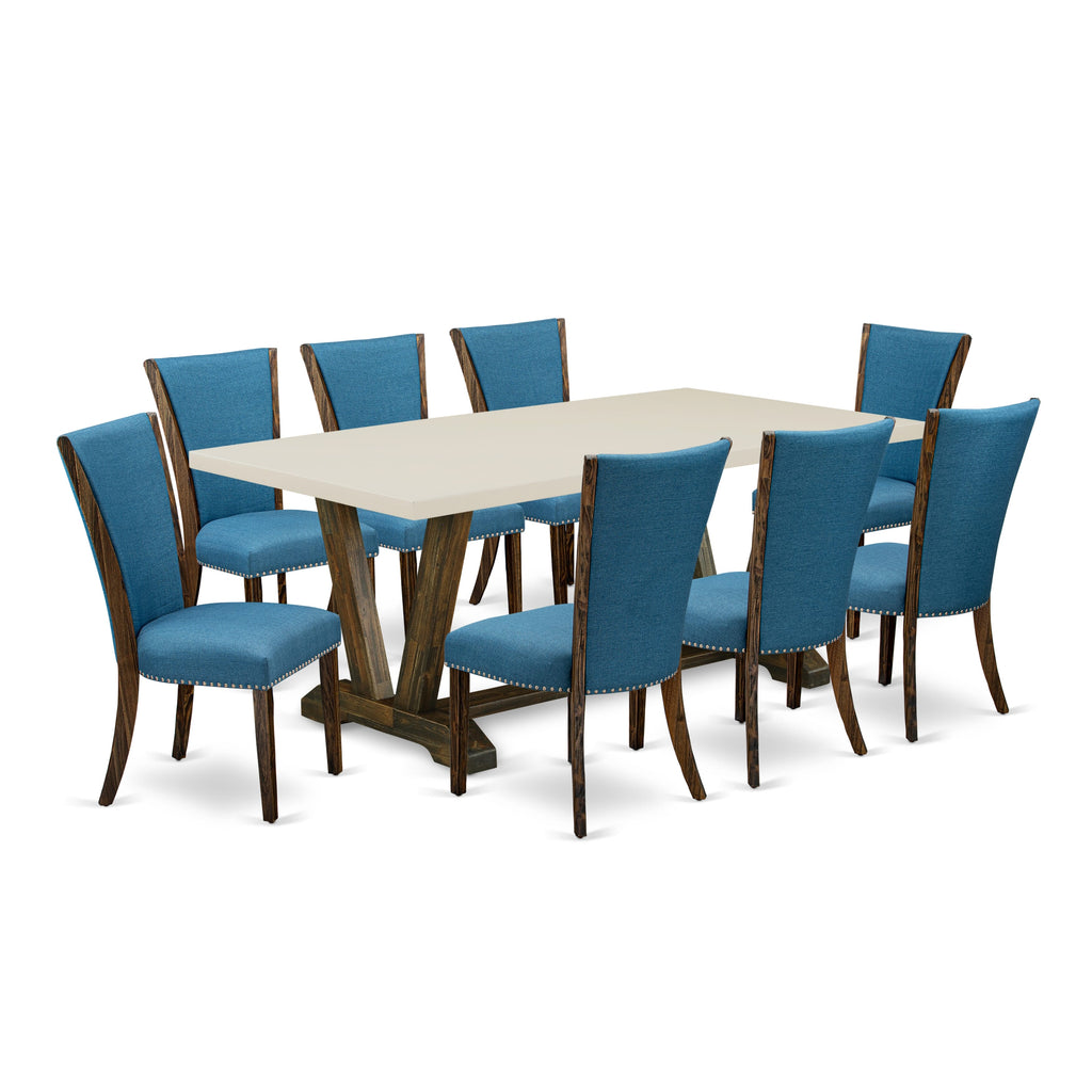 East West Furniture V727VE721-9 9 Piece Dining Set Includes a Rectangle Dining Room Table with V-Legs and 8 Blue Color Linen Fabric Upholstered Parson Chairs, 40x72 Inch, Multi-Color