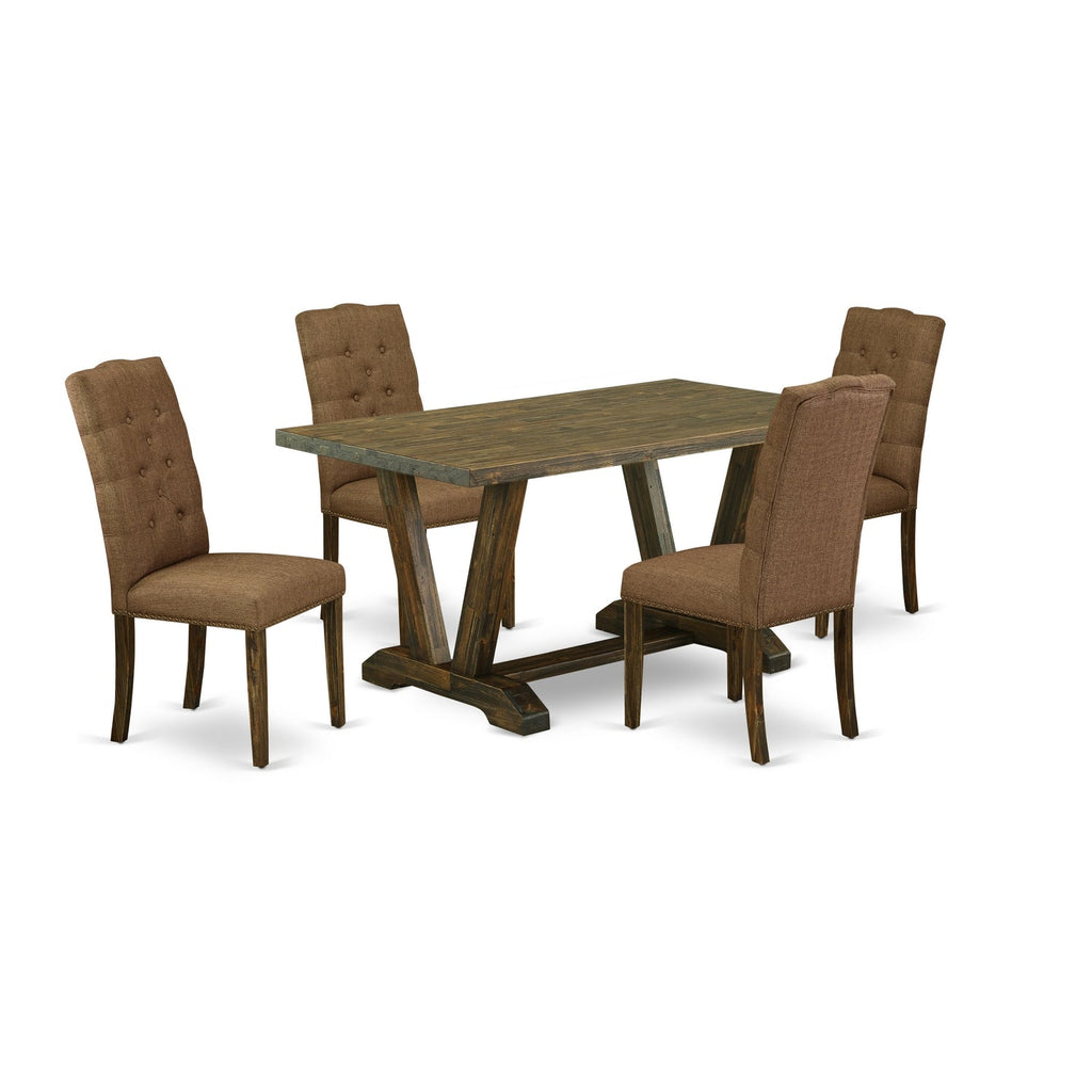 East West Furniture V776EL718-5 5 Piece Kitchen Table Set Includes a Rectangle Dining Table with V-Legs and 4 Brown Linen Linen Fabric Parson Dining Room Chairs, 36x60 Inch, Multi-Color