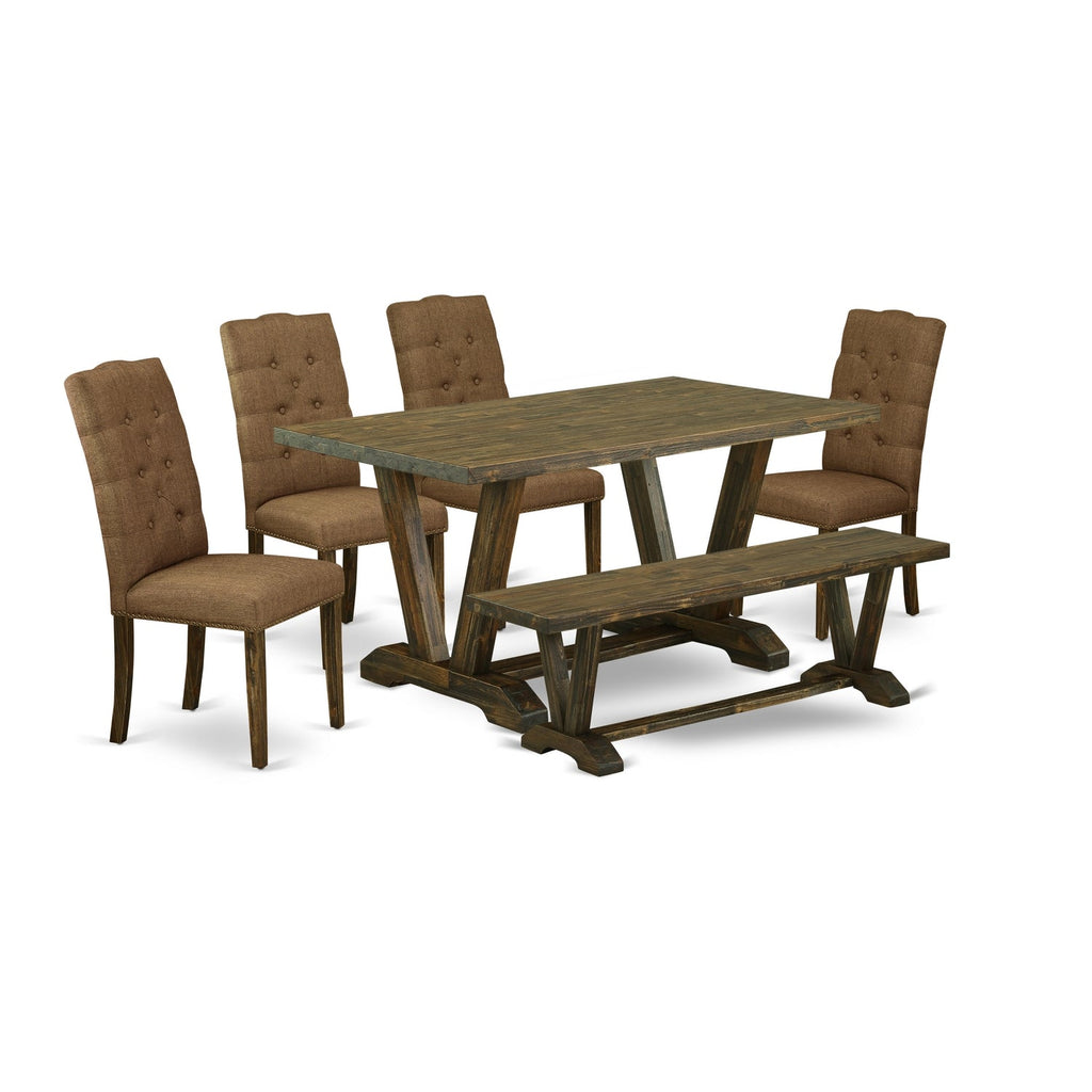 East West Furniture V776EL718-6 6 Piece Dining Set Contains a Rectangle Dining Room Table with V-Legs and 4 Brown Linen Linen Fabric Upholstered Chairs with a Bench, 36x60 Inch, Multi-Color