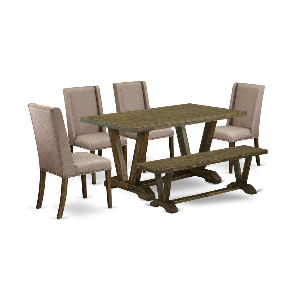 East West Furniture V776FL716-6 6 Piece Dining Table Set Contains a Rectangle Dining Room Table with V-Legs and 4 Dark Khaki Linen Fabric Parson Chairs with a Bench, 36x60 Inch, Multi-Color