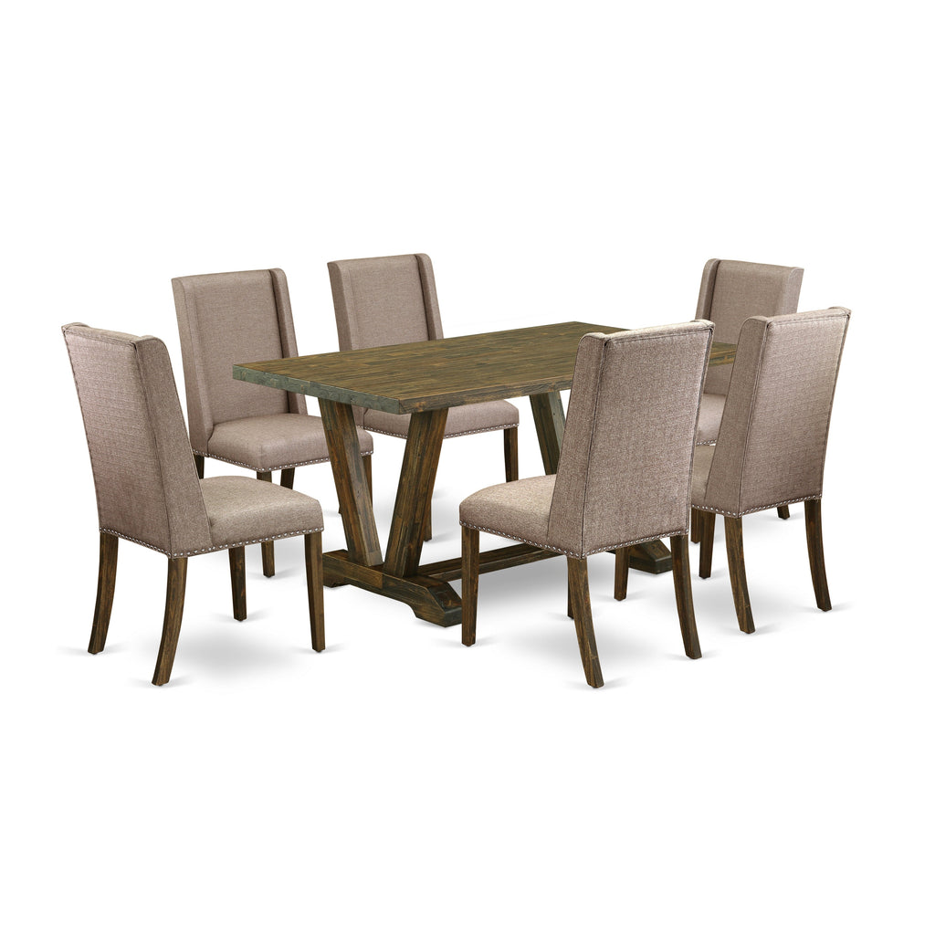 East West Furniture V776FL716-7 7 Piece Dining Room Table Set Consist of a Rectangle Dining Table with V-Legs and 6 Dark Khaki Linen Fabric Upholstered Chairs, 36x60 Inch, Multi-Color