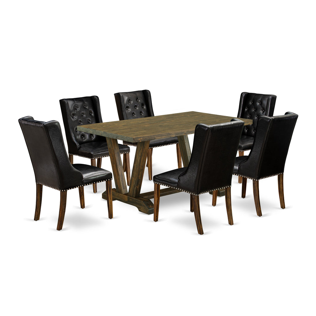 East West Furniture V776FO749-7 7 Piece Dining Room Furniture Set Consist of a Rectangle Dining Table with V-Legs and 6 Black Faux Leather Upholstered Chairs, 36x60 Inch, Multi-Color