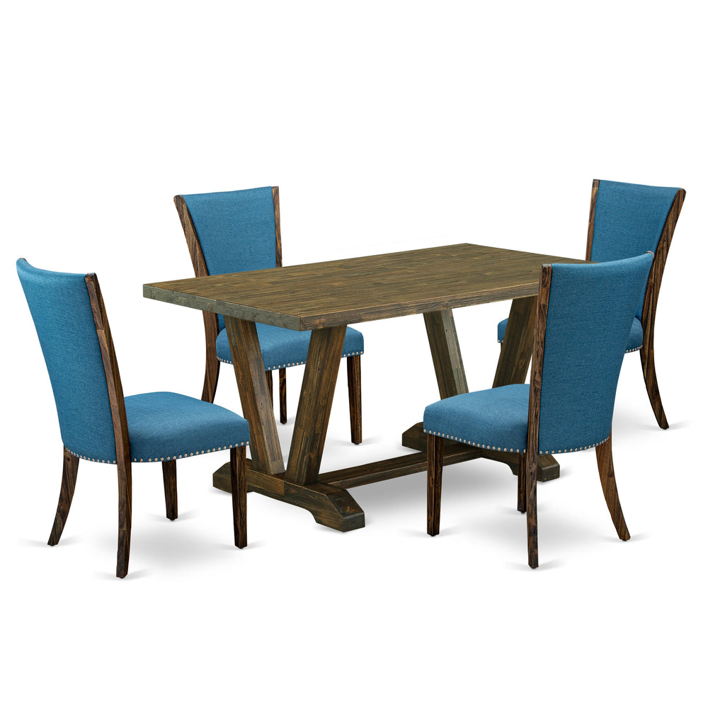 East West Furniture V776VE721-5 5 Piece Modern Dining Table Set Includes a Rectangle Wooden Table with V-Legs and 4 Blue Color Linen Fabric Parsons Dining Chairs, 36x60 Inch, Multi-Color