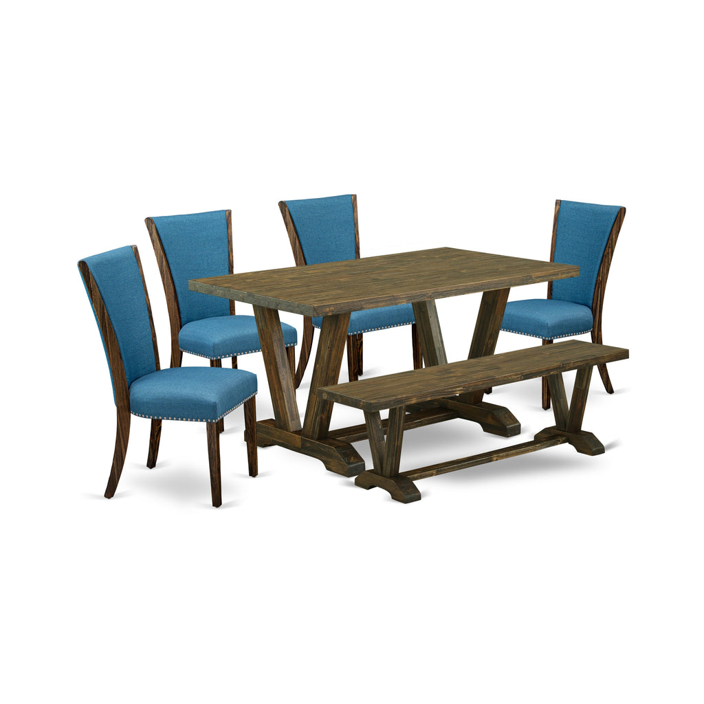 East West Furniture V776VE721-6 6 Piece Dinette Set Contains a Rectangle Dining Table with V-Legs and 4 Blue Color Linen Fabric Parson Chairs with a Bench, 36x60 Inch, Multi-Color