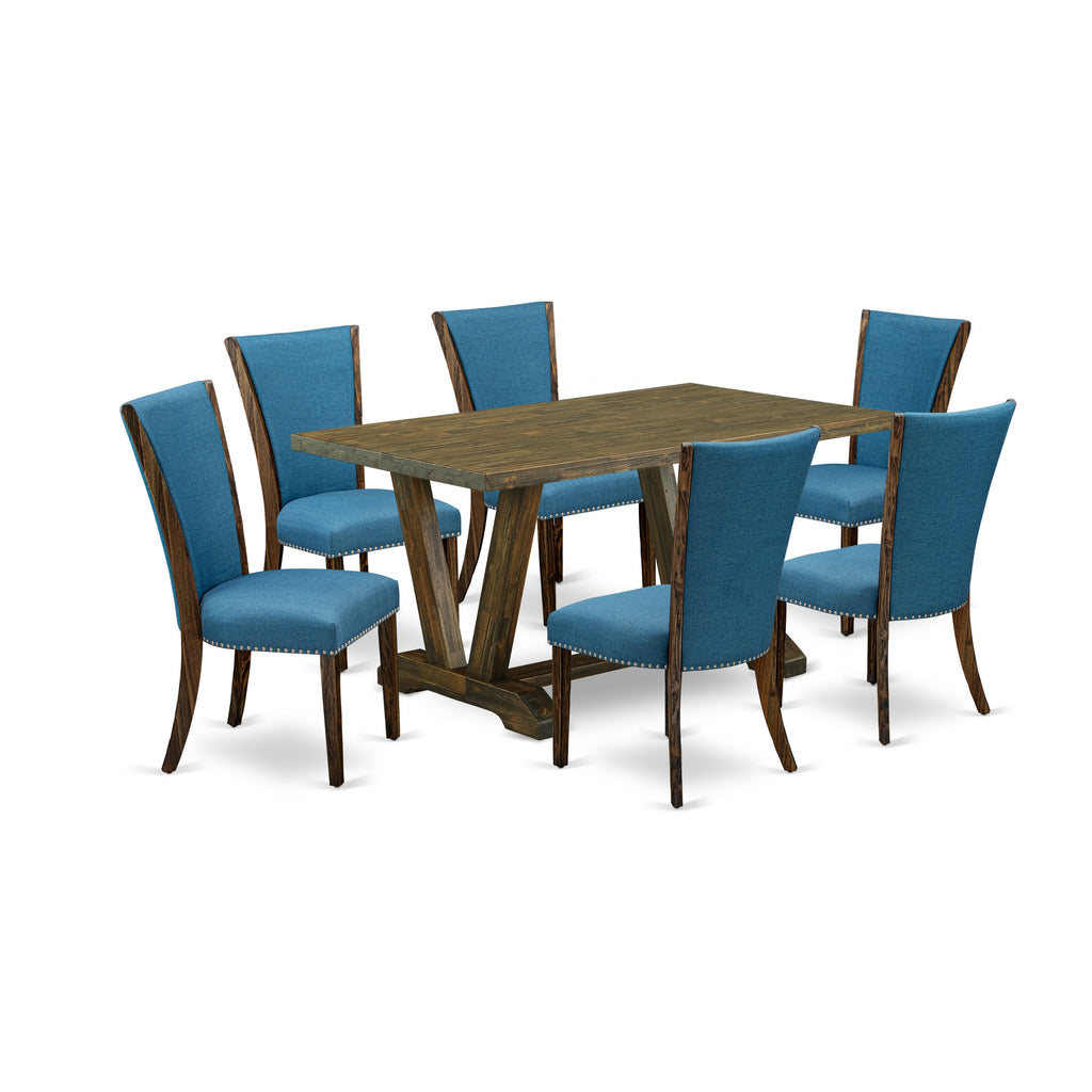 East West Furniture V776VE721-7 7 Piece Dining Set Consist of a Rectangle Dining Room Table with V-Legs and 6 Blue Color Linen Fabric Upholstered Chairs, 36x60 Inch, Multi-Color