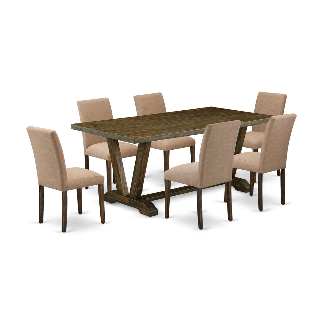 East West Furniture V777AB747-7 7 Piece Dinette Set Consist of a Rectangle Dining Table with V-Legs and 6 Light Sable Linen Fabric Parson Dining Room Chairs, 40x72 Inch, Multi-Color