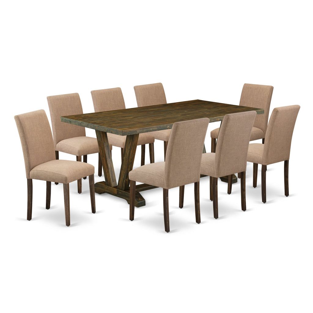 East West Furniture V777AB747-9 9 Piece Dining Room Table Set Includes a Rectangle Kitchen Table with V-Legs and 8 Light Sable Linen Fabric Parsons Dining Chairs, 40x72 Inch, Multi-Color