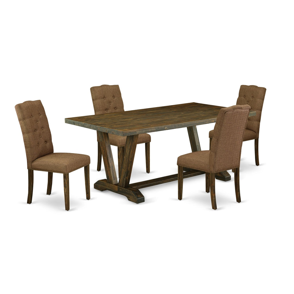 East West Furniture V777EL718-5 5 Piece Modern Dining Table Set Includes a Rectangle Wooden Table with V-Legs and 4 Brown Linen Linen Fabric Parson Dining Chairs, 40x72 Inch, Multi-Color
