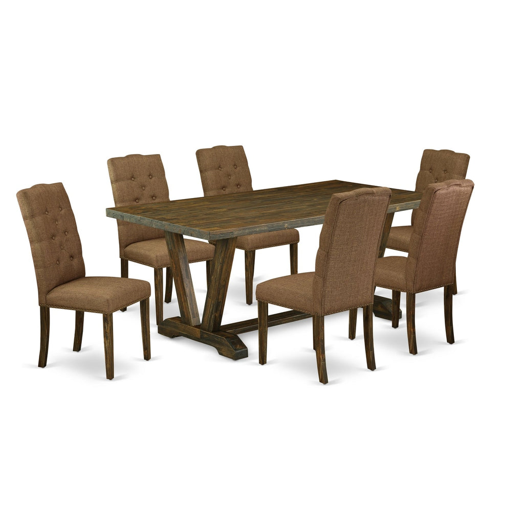 East West Furniture V777EL718-7 7 Piece Dining Set Consist of a Rectangle Dining Room Table with V-Legs and 6 Brown Linen Linen Fabric Upholstered Chairs, 40x72 Inch, Multi-Color