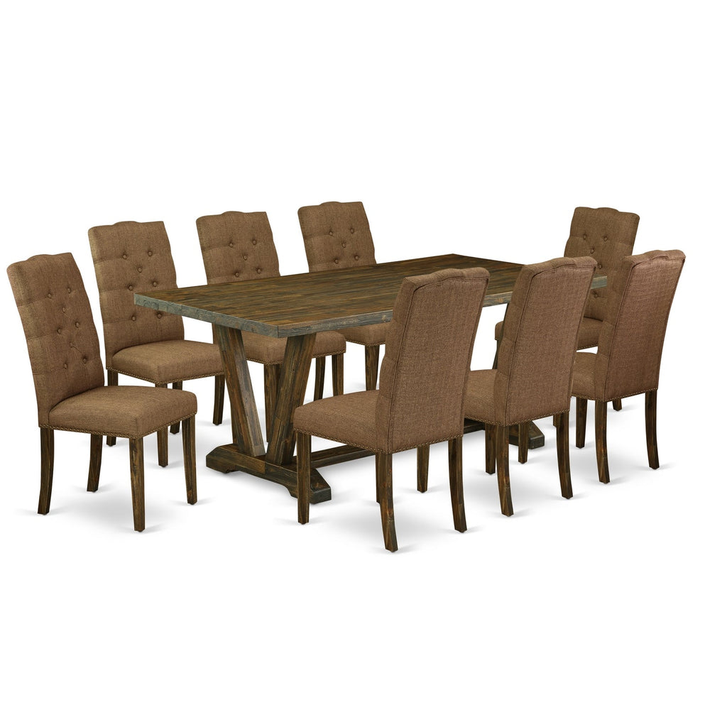 East West Furniture V777EL718-9 9 Piece Dining Table Set Includes a Rectangle Wooden Table with V-Legs and 8 Brown Linen Linen Fabric Parson Dining Room Chairs, 40x72 Inch, Multi-Color