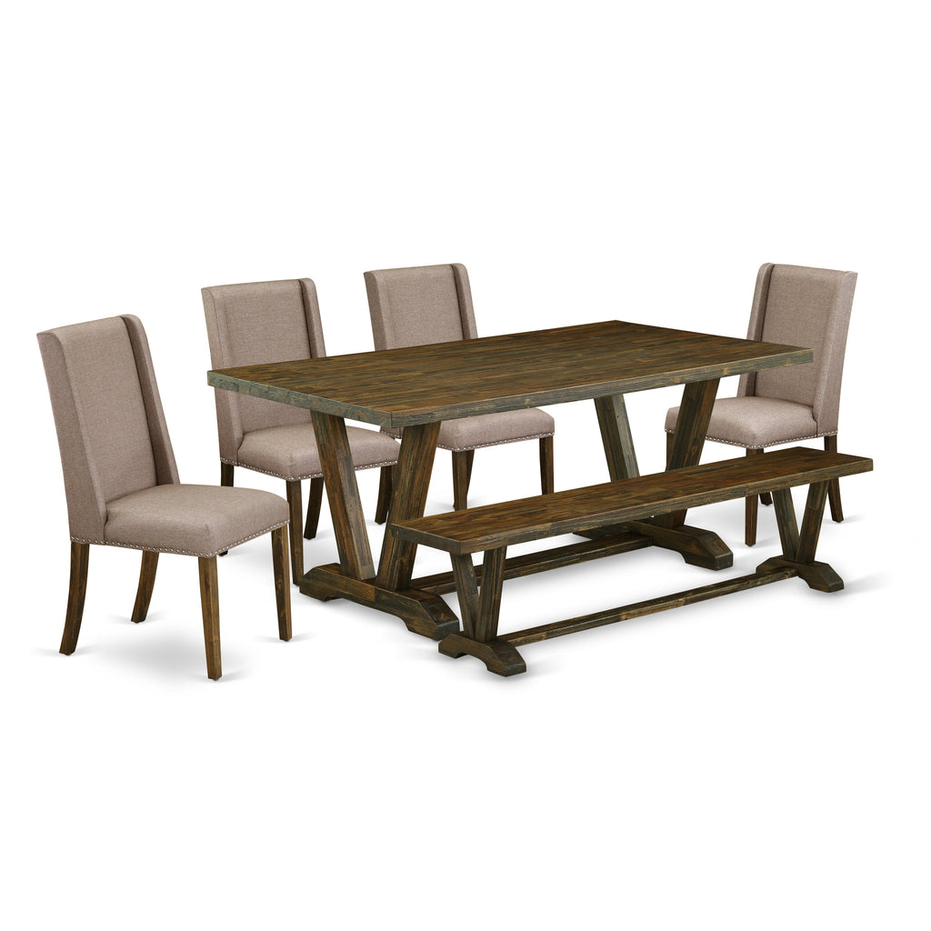 East West Furniture V777FL716-6 6 Piece Dinette Set Contains a Rectangle Dining Room Table with V-Legs and 4 Dark Khaki Linen Fabric Parson Chairs with a Bench, 40x72 Inch, Multi-Color