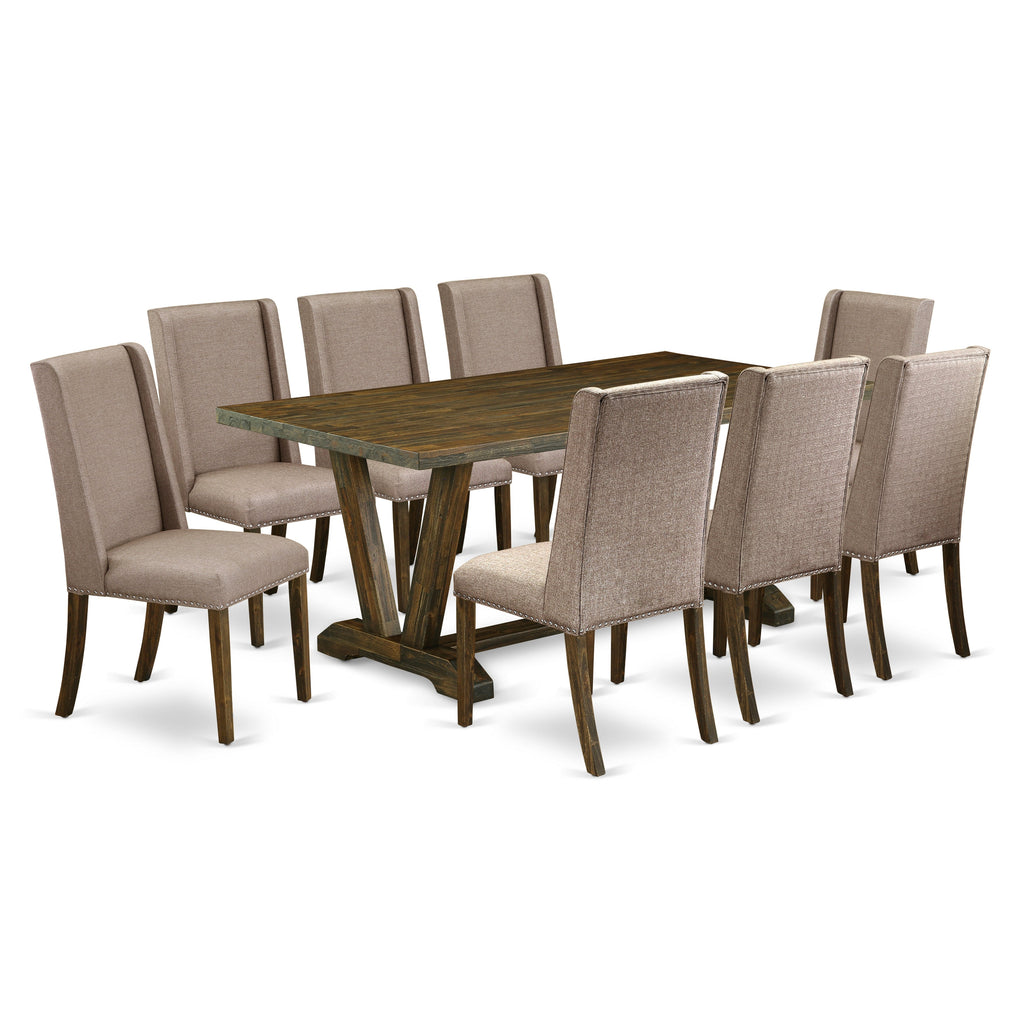 East West Furniture V777FL716-9 9 Piece Dining Table Set Includes a Rectangle Kitchen Table with V-Legs and 8 Dark Khaki Linen Fabric Upholstered Chairs, 40x72 Inch, Multi-Color