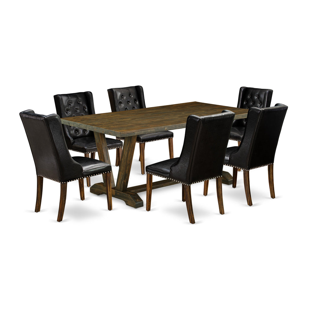 East West Furniture V777FO749-7 7 Piece Modern Dining Table Set Consist of a Rectangle Wooden Table with V-Legs and 6 Black Faux Leather Parsons Dining Chairs, 40x72 Inch, Multi-Color