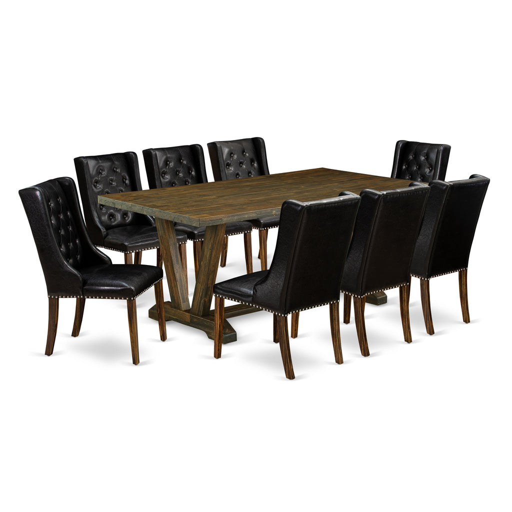East West Furniture V777FO749-9 9 Piece Dining Room Furniture Set Includes a Rectangle Dining Table with V-Legs and 8 Black Faux Leather Parsons Chairs, 40x72 Inch, Multi-Color