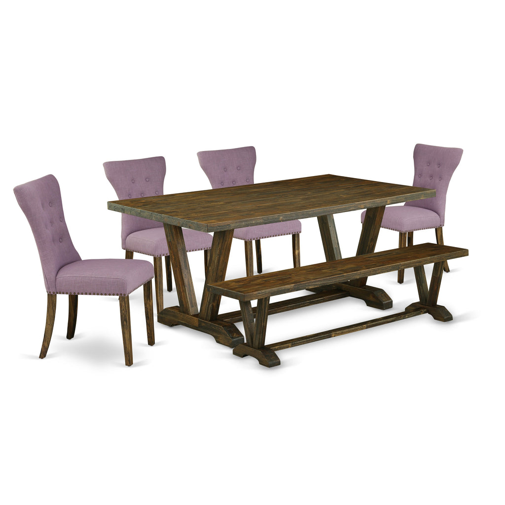 East West Furniture V777GA740-6 6 Piece Kitchen Table Set Contains a Rectangle Dining Table with V-Legs and 4 Dahlia Linen Fabric Parson Chairs with a Bench, 40x72 Inch, Multi-Color