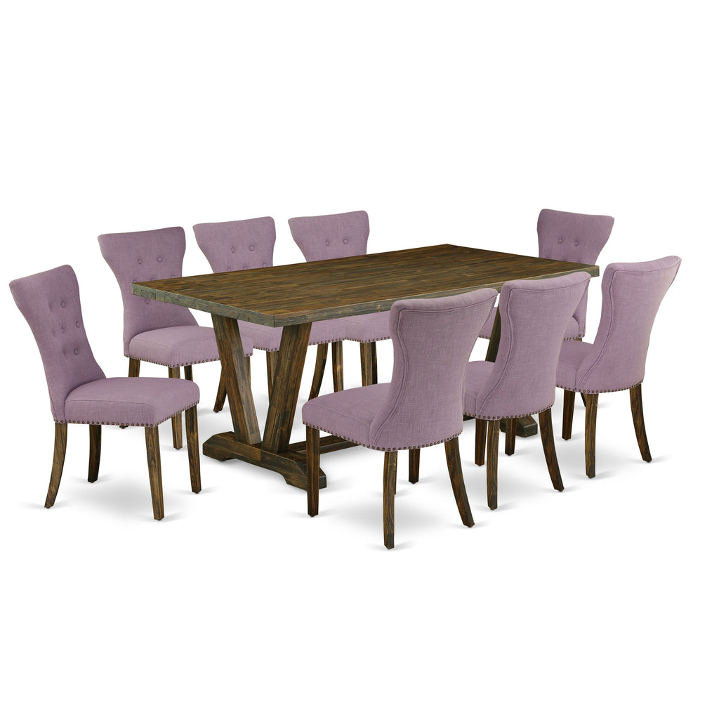 East West Furniture V777GA740-9 9 Piece Dining Table Set Includes a Rectangle Dining Room Table with V-Legs and 8 Dahlia Linen Fabric Upholstered Parson Chairs, 40x72 Inch, Multi-Color