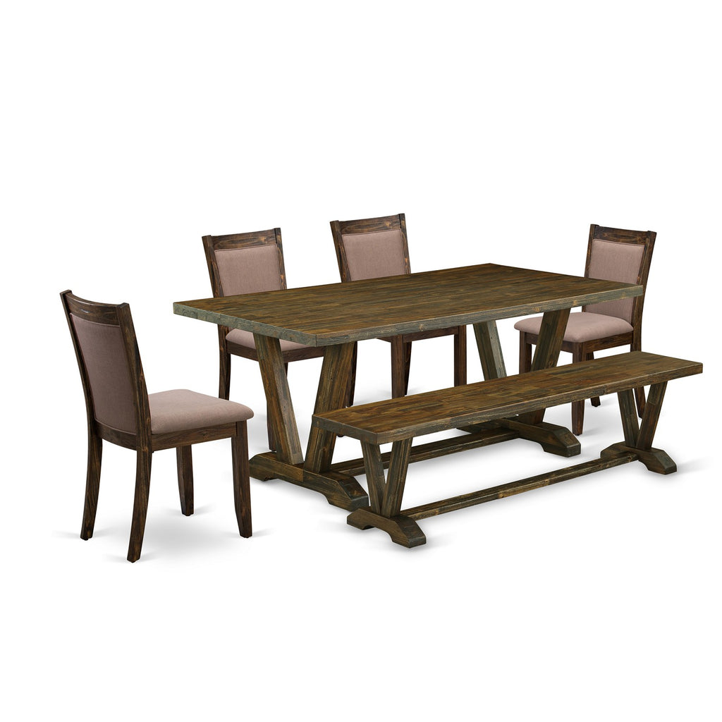 East West Furniture V777MZ748-6 6 Piece Dinette Set Contains a Rectangle Dining Room Table with V-Legs and 4 Coffee Linen Fabric Parson Chairs with a Bench, 40x72 Inch, Multi-Color