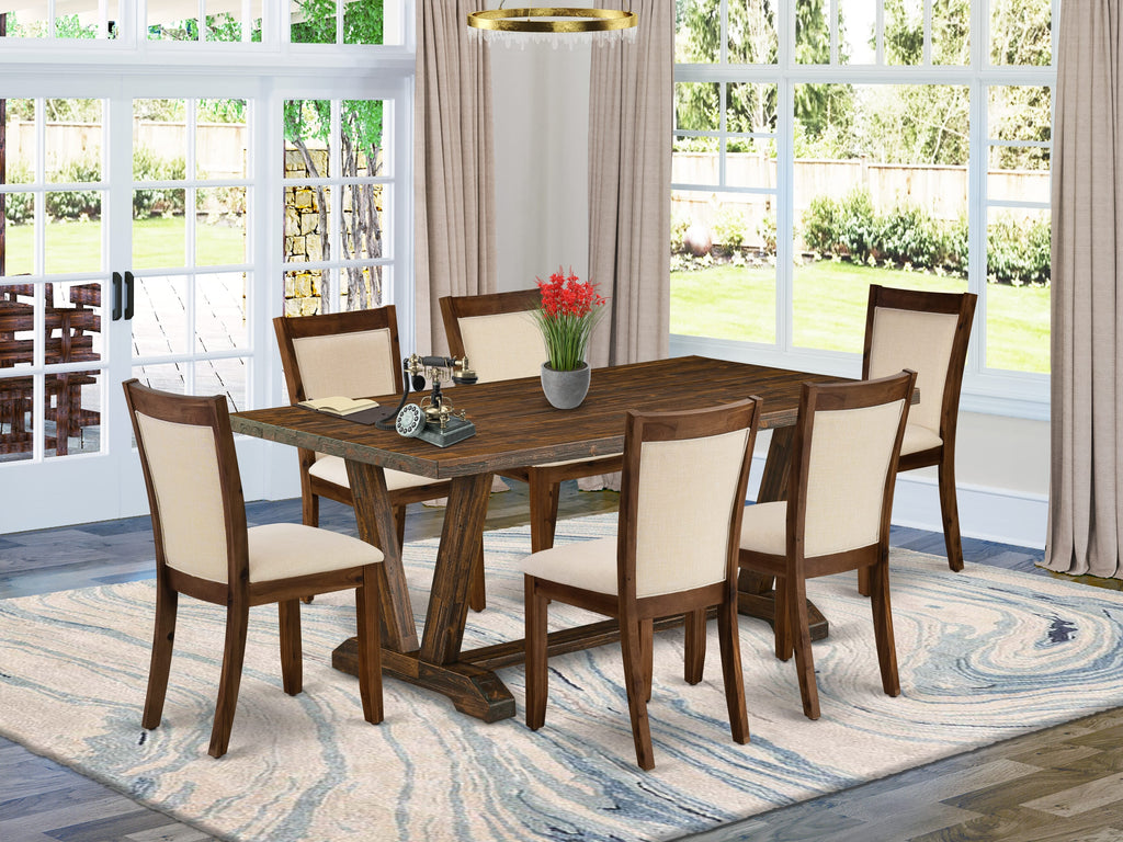 East West Furniture V777MZN32-7 7 Piece Dining Room Table Set Consist of a Rectangle Dining Table with V-Legs and 6 Light Beige Linen Fabric Upholstered Chairs, 40x72 Inch, Multi-Color
