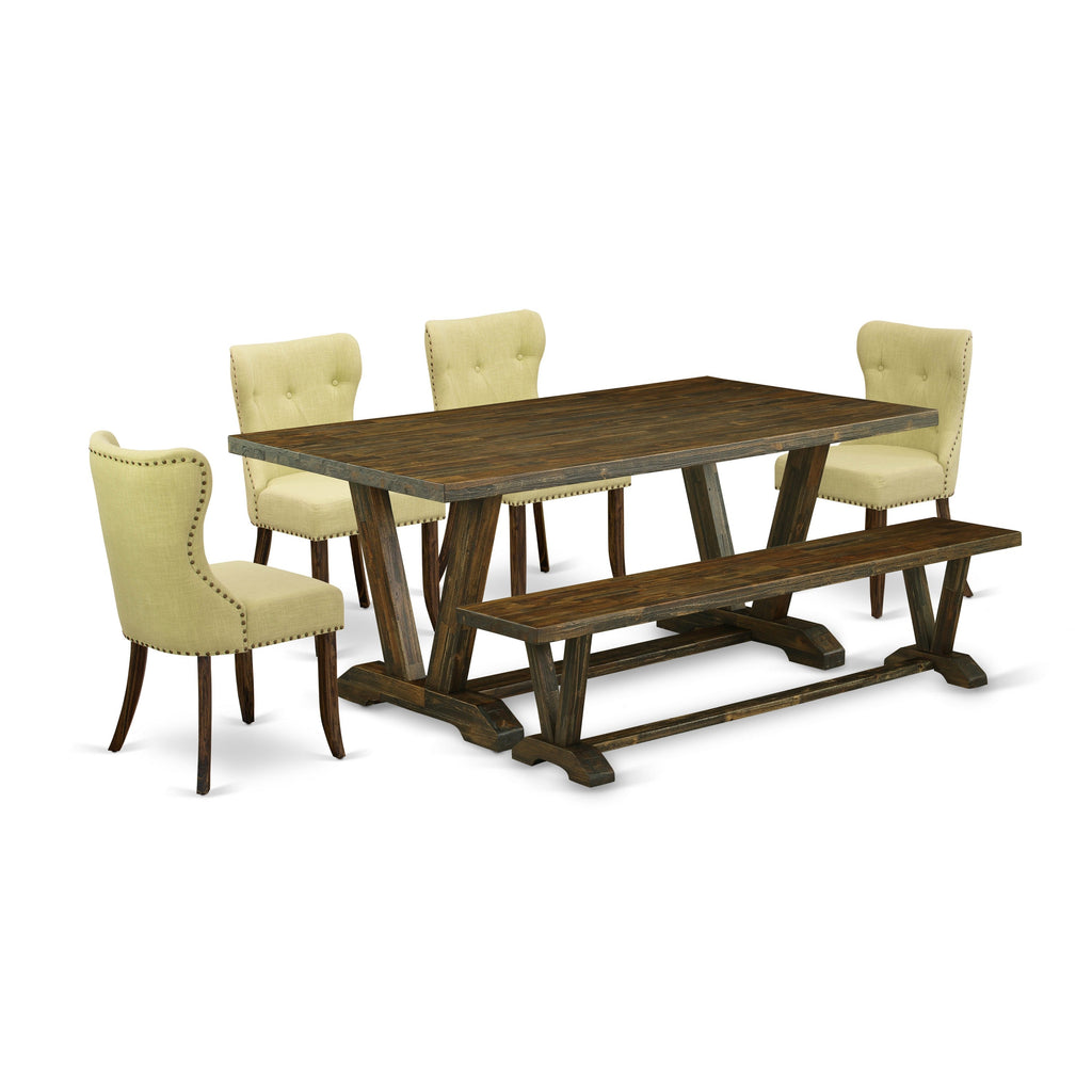 East West Furniture V777SI737-6 6 Piece Dinette Set Contains a Rectangle Dining Table with V-Legs and 4 Limelight Linen Fabric Parson Chairs with a Bench, 40x72 Inch, Multi-Color