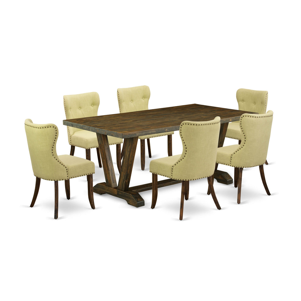 East West Furniture V777SI737-7 7 Piece Modern Dining Table Set Consist of a Rectangle Wooden Table with V-Legs and 6 Limelight Linen Fabric Upholstered Chairs, 40x72 Inch, Multi-Color