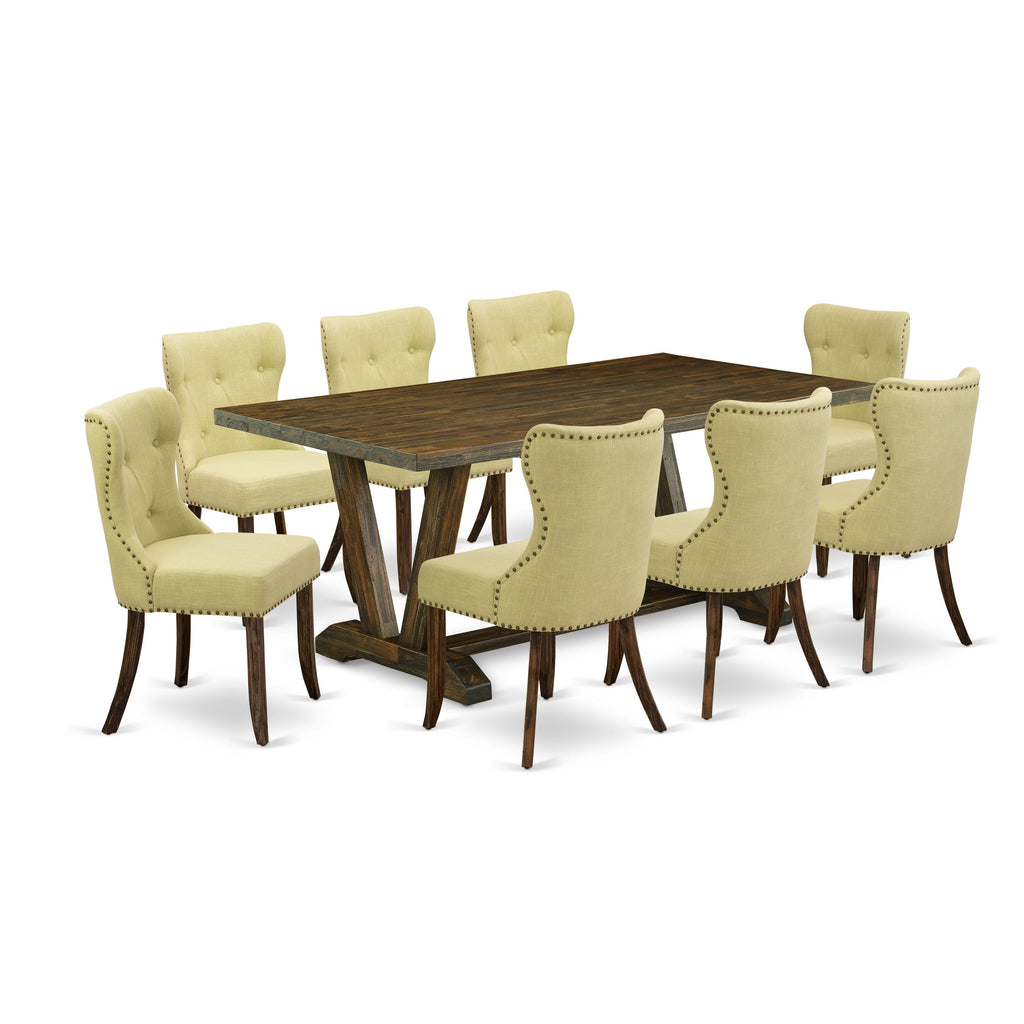 East West Furniture V777SI737-9 9 Piece Dining Room Table Set Includes a Rectangle Dining Table with V-Legs and 8 Limelight Linen Fabric Upholstered Chairs, 40x72 Inch, Multi-Color