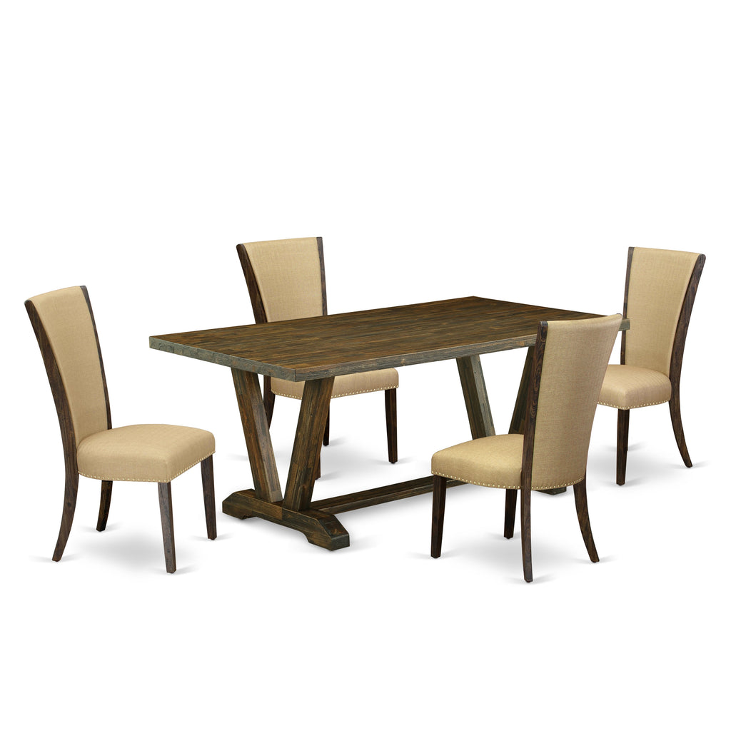 East West Furniture V777VE703-5 5 Piece Dinette Set for 4 Includes a Rectangle Dining Room Table with V-Legs and 4 Brown Linen Fabric Upholstered Parson Chairs, 40x72 Inch, Multi-Color