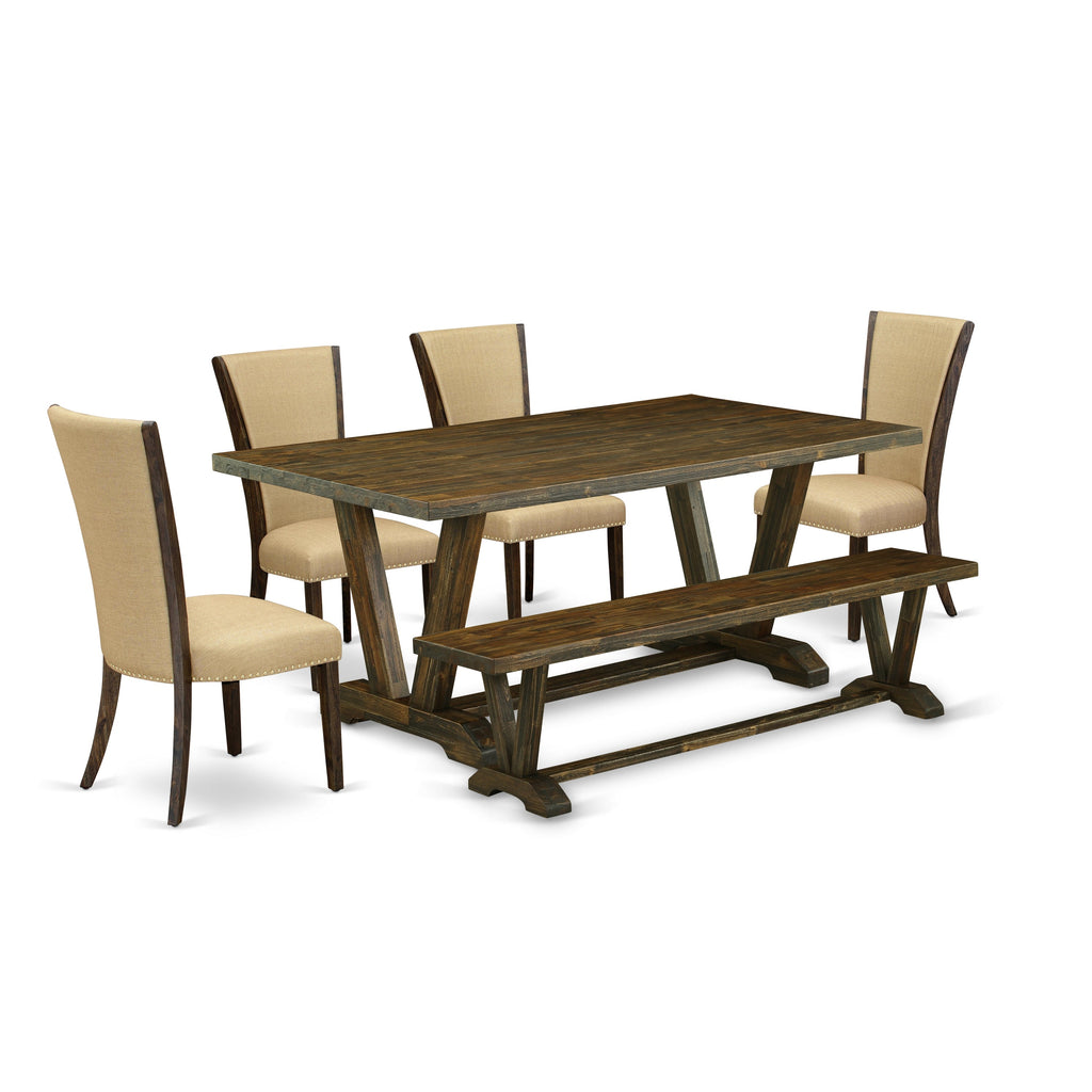 East West Furniture V777VE703-6 6 Piece Dining Set Contains a Rectangle Dining Room Table with V-Legs and 4 Brown Linen Fabric Parson Chairs with a Bench, 40x72 Inch, Multi-Color