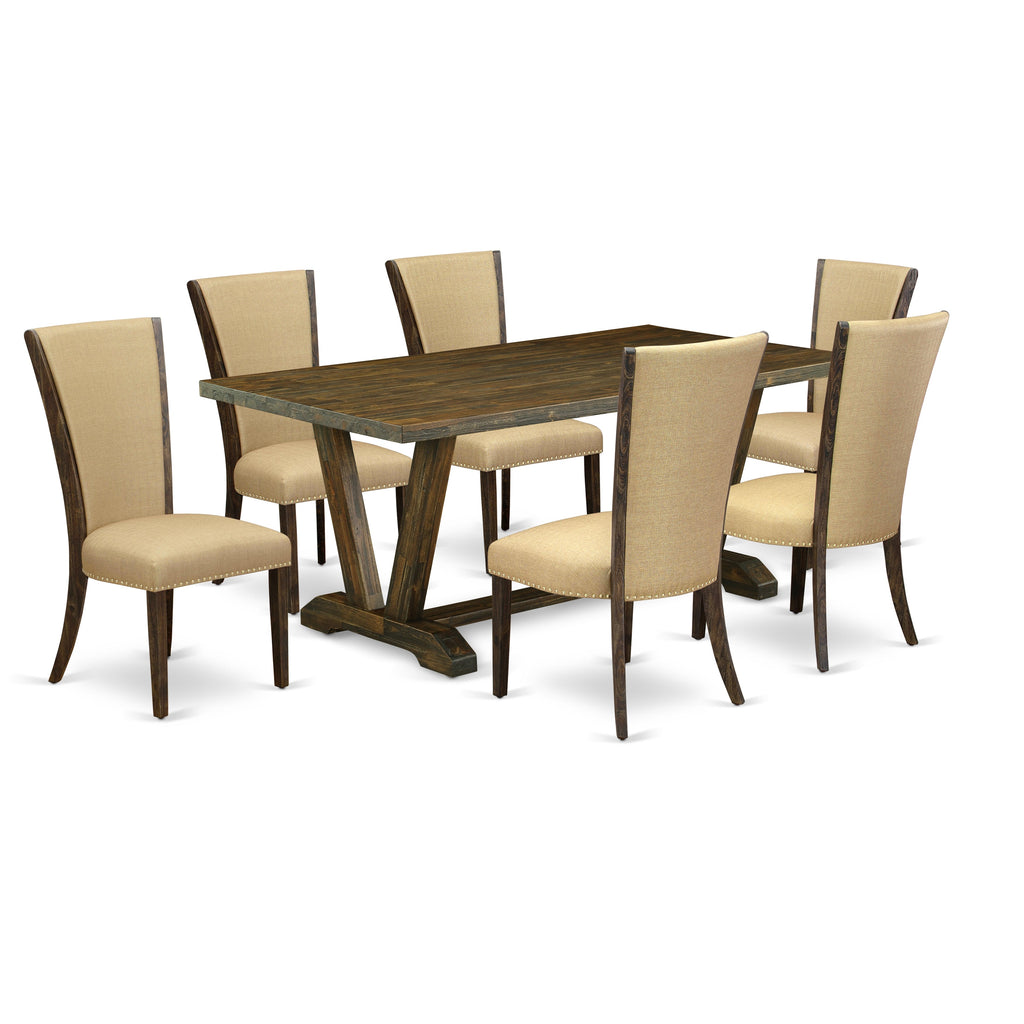 East West Furniture V777VE703-7 7 Piece Dining Table Set Consist of a Rectangle Dining Room Table with V-Legs and 6 Brown Linen Fabric Parsons Chairs, 40x72 Inch, Multi-Color