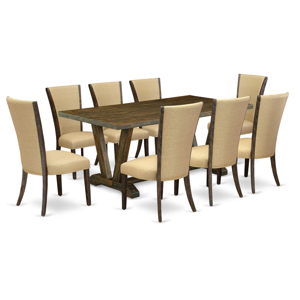 East West Furniture V777VE703-9 9 Piece Dining Room Table Set Includes a Rectangle Dining Table with V-Legs and 8 Brown Linen Fabric Upholstered Parson Chairs, 40x72 Inch, Multi-Color