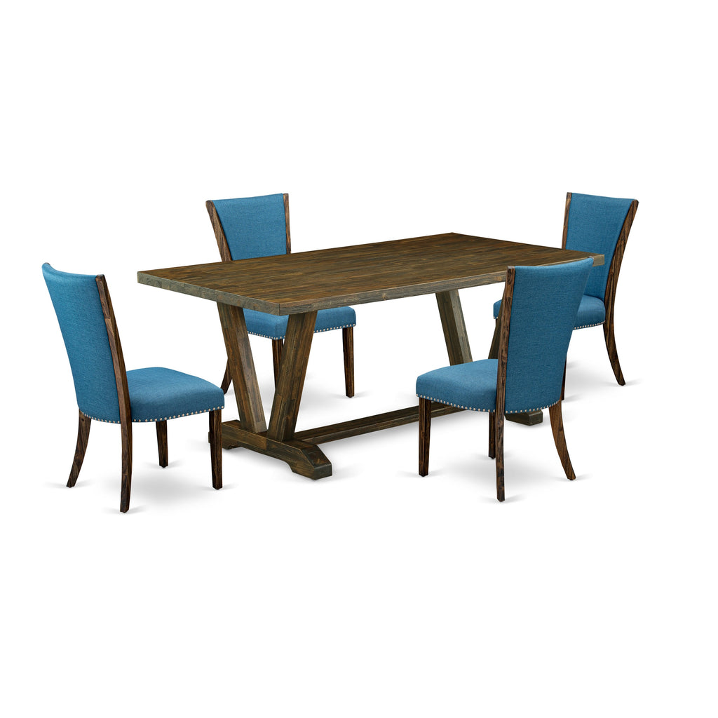 East West Furniture V777VE721-5 5 Piece Dining Set Includes a Rectangle Dining Room Table with V-Legs and 4 Blue Color Linen Fabric Upholstered Parson Chairs, 40x72 Inch, Multi-Color