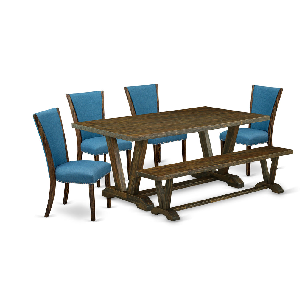 East West Furniture V777VE721-6 6 Piece Dining Table Set Contains a Rectangle Dining Room Table with V-Legs and 4 Blue Color Linen Fabric Parson Chairs with a Bench, 40x72 Inch, Multi-Color
