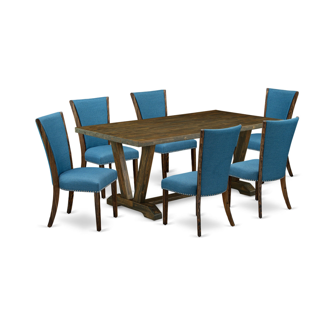 East West Furniture V777VE721-7 7 Piece Dining Room Table Set Consist of a Rectangle Dining Table with V-Legs and 6 Blue Color Linen Fabric Upholstered Chairs, 40x72 Inch, Multi-Color