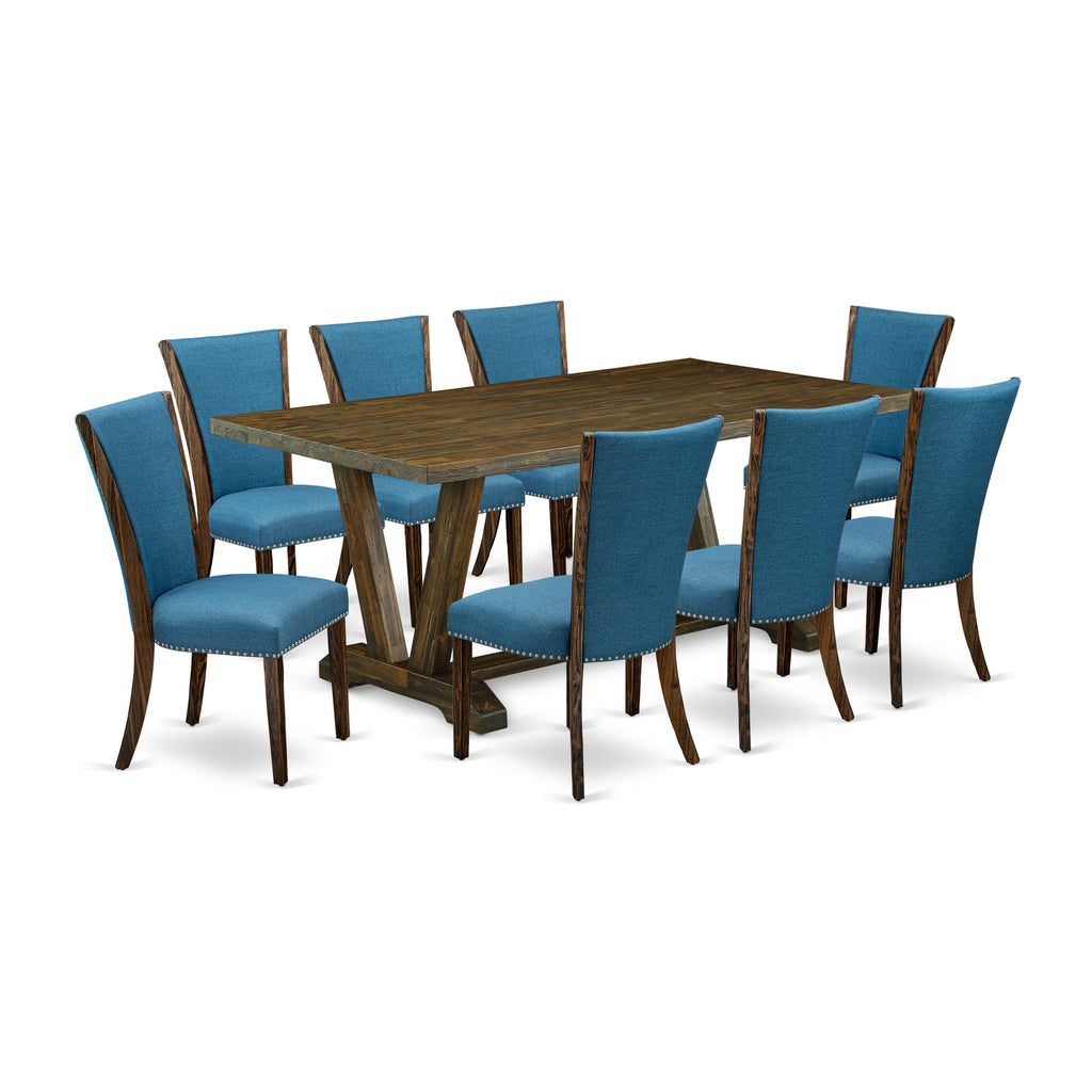 East West Furniture V777VE721-9 9 Piece Modern Dining Table Set Includes a Rectangle Wooden Table with V-Legs and 8 Blue Color Linen Fabric Parsons Dining Chairs, 40x72 Inch, Multi-Color