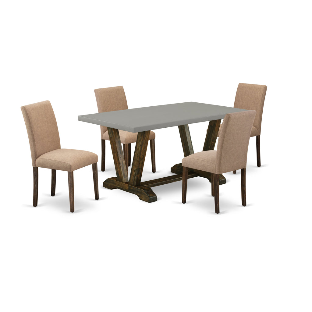 East West Furniture V796AB747-5 5 Piece Dining Set Includes a Rectangle Dining Room Table with V-Legs and 4 Light Sable Linen Fabric Upholstered Parson Chairs, 36x60 Inch, Multi-Color