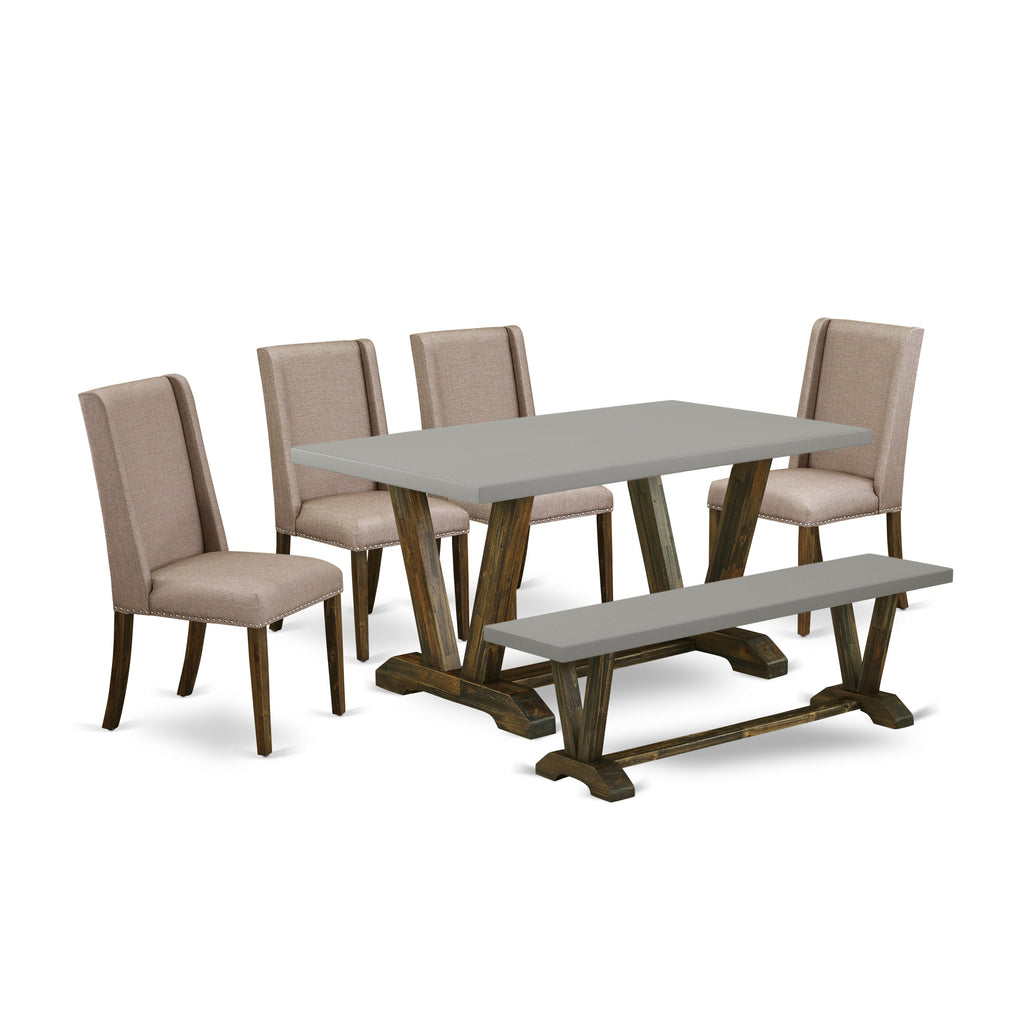 East West Furniture V796FL716-6 6 Piece Dining Set Contains a Rectangle Dining Room Table with V-Legs and 4 Dark Khaki Linen Fabric Parson Chairs with a Bench, 36x60 Inch, Multi-Color