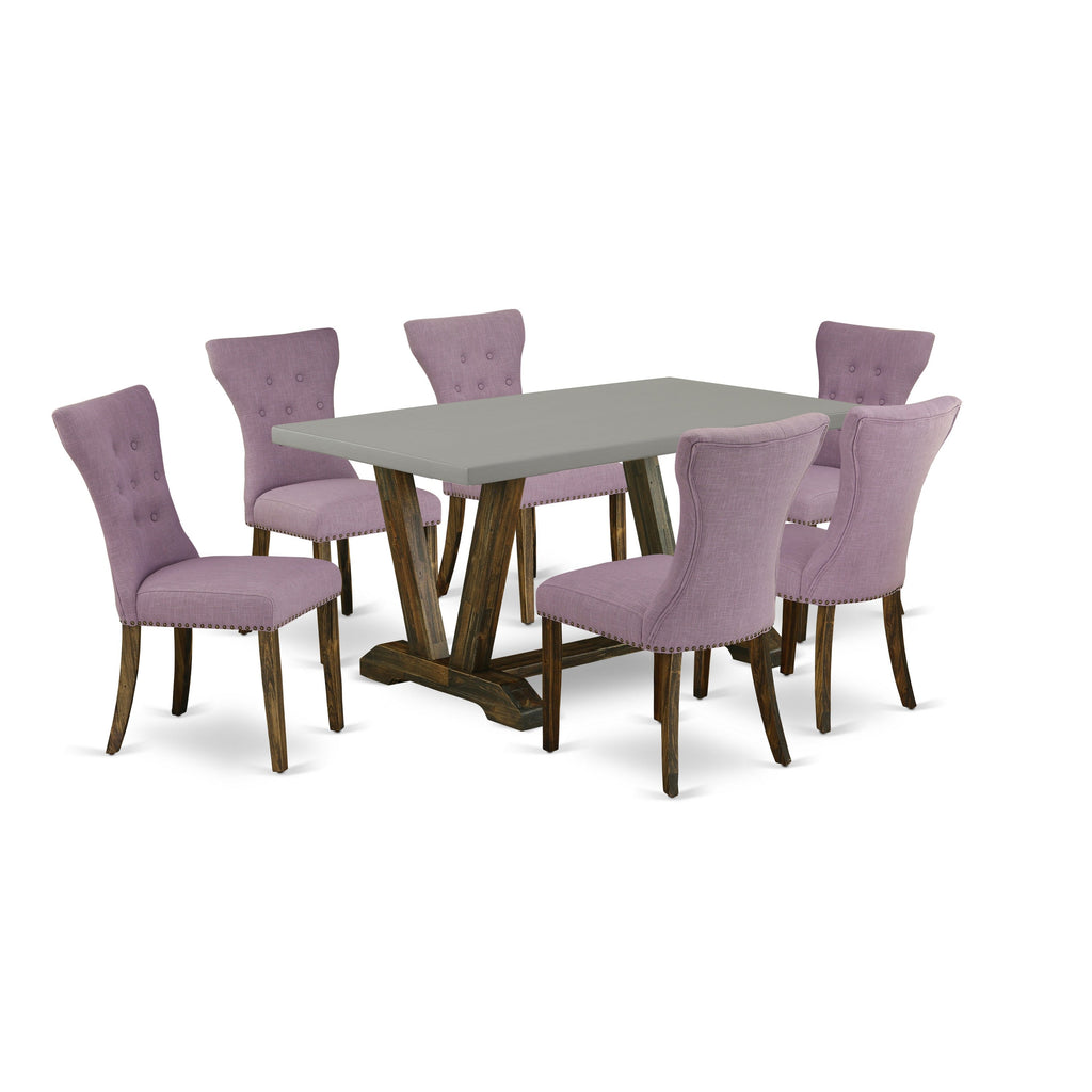 East West Furniture V796GA740-7 7 Piece Modern Dining Table Set Consist of a Rectangle Wooden Table with V-Legs and 6 Dahlia Linen Fabric Upholstered Chairs, 36x60 Inch, Multi-Color