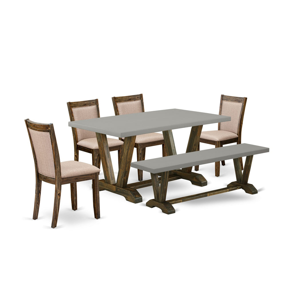 East West Furniture V796MZ716-6 6 Piece Dining Room Set Contains a Rectangle Dining Table with V-Legs and 4 Dark Khaki Linen Fabric Upholstered Chairs with a Bench, 36x60 Inch, Multi-Color
